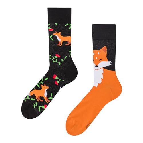 Dedoles Socken Regular normale Höhe Unisex Damen Herren Baumwolle viele lustige Designs Weihnachtssocken 1 Paar, Farbe Schwarz, Motiv Fuchs und Blüten, Gr. 39-42 von Dedoles