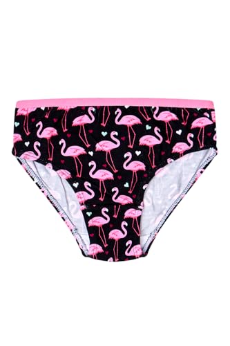 Dedoles Slip Damen & Mädchen Panties Unterwäsche Baumwolle viele lustige Designs Blumen Apfel Avocado Einhorn Party Meerjungfrau, Farbe: Schwarz, Motiv: Flamingos und Herzen (Mädchen), Gr. 6-8 Jahre von Dedoles
