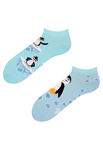 Dedoles Sneaker Socken Low Cut Füßlinge Unisex Damen Herren Baumwolle lustiges Design Geschenk links rechts verschieden, Farbe Blau, Motiv Fröhlicher Pinguin Knöchelsocken, Gr. 43-46 von Dedoles