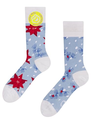 Dedoles Socken Regular normale Höhe Unisex Damen Herren Baumwolle viele lustige Designs Weihnachtssocken 1 Paar, Farbe Blau, Motiv Christrosen und Schnee, Gr. 39-42 von Dedoles