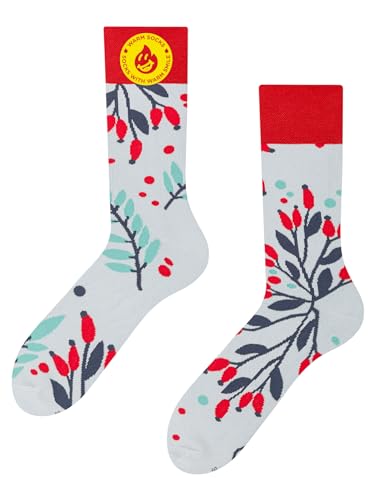 Dedoles Socken Regular normale Höhe Unisex Damen Herren Baumwolle viele lustige Designs Weihnachtssocken 1 Paar, Farbe Weiß, Motiv Hagebutten im Schnee Wärmesocken, Gr. 39-42 von Dedoles