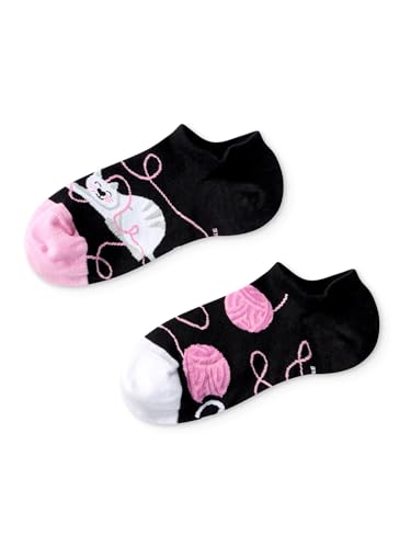 Dedoles Socken Unisex Damen Herren & Kinder Baumwolle viele lustige Designs 1 Paar Geschenk links rechts verschieden, Farbe: Schwarz, Motiv: Katze und Ball Sneakersocken, Gr. 39-42 von Dedoles