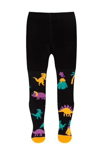 Dedoles Strumpfhose Kinder Mädchen & Jungen Baumwolle lustige Designs Dinosaurier Auto Flamingo Koala Waschbär Vögel Geschenk, Farbe: Schwarz, Motiv: Dinosaurier und Vulkane, Gr. 5-6 years von Dedoles