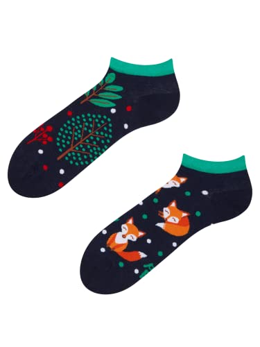 Dedoles Sneaker Socken Low Cut Füßlinge Unisex Damen Herren Baumwolle lustiges Design Geschenk links rechts verschieden, Farbe Blau, Motiv Rotfuchs Knöchelsocken, Gr. 35-38 von Dedoles