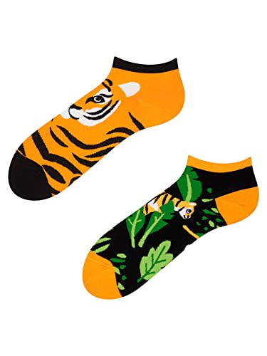 Dedoles Sneaker Socken Low Cut Füßlinge Unisex Damen Herren Baumwolle lustiges Design Geschenk links rechts verschieden, Farbe Orange, Motiv Dschungeltiger, Gr. 35-38 von Dedoles