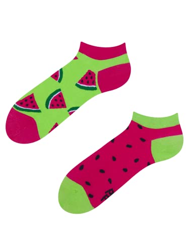 Dedoles Sneaker Socken Low Cut Füßlinge Unisex Damen Herren Baumwolle lustiges Design Geschenk links rechts verschieden, Farbe Rosa, Motiv Wassermelone Knöchelsocken, Gr. 39-42 von Good Mood