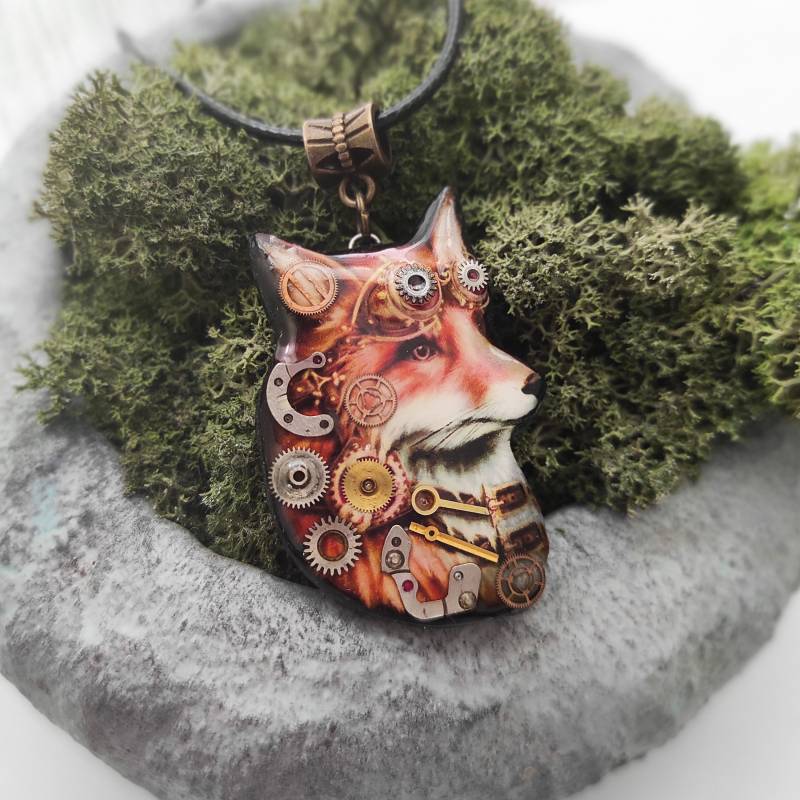 Fuchs Halskette Steampunk Schmuck Anhänger Uhrenteile Zahnräder Steam Punk Tier Geschenk Für Frauen Männer von Dedovashop