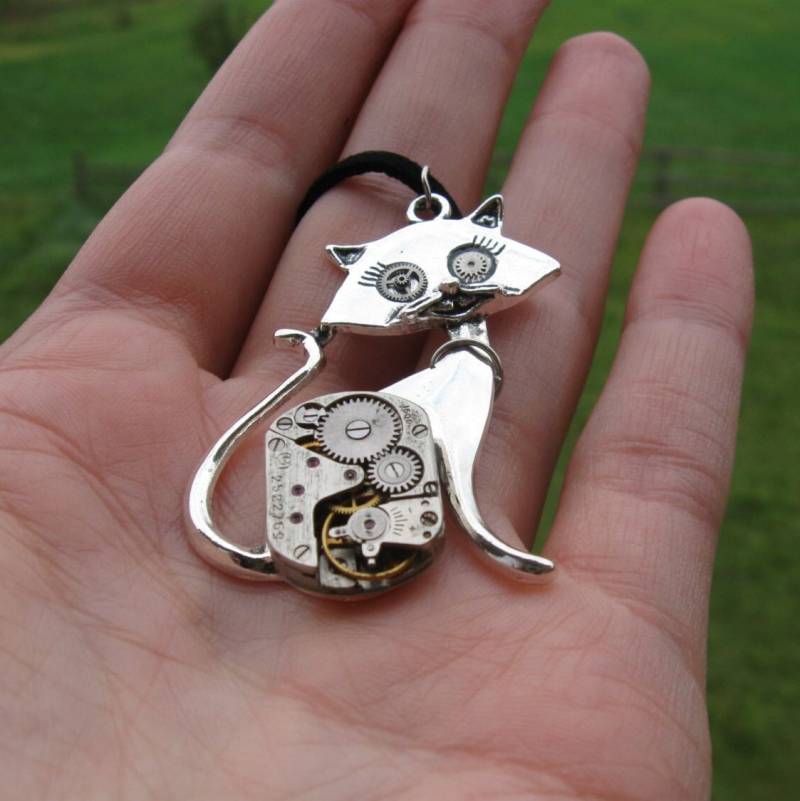 Katzenhalskette Steampunk Katzenschmuck Vintage Uhrenteile Katzenkram Kätzchenschmuck Kitty Watch Halskette Katzenliebhaber Geschenk Tiergeschenk von Dedovashop
