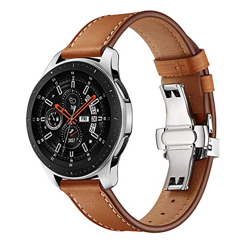 Dee Plus Butterfly Schnalle Echtes Leder 20mm Uhrenarmband Kompatibel mit Samsung Galaxy Watch 42mm/Gear S2 Classic/uawei Watch 2, Für 20mm Armbanduhr Edelstahl Metall Quick Release Leder Ersatzband von Dee Plus
