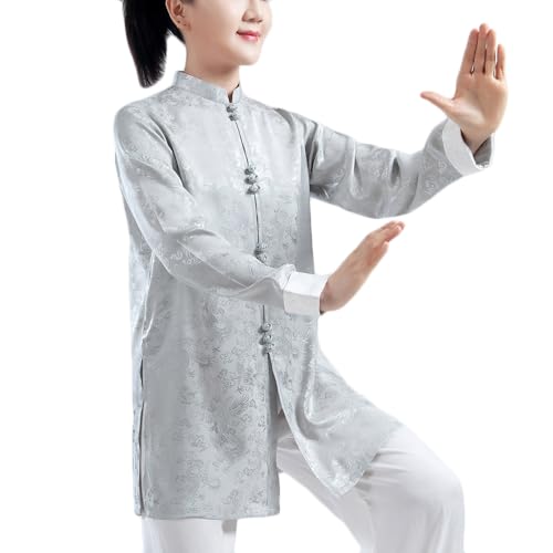 Dee Plus Chinesische Kampfkunst Herren Jacke Oberteile, Tang Anzüge Hanfu, Tai Chi Kung Fu Wushu Traditionelle Uniform Oberbekleidung für Männer Frauen (Grau Oberteile,XXL) von Dee Plus