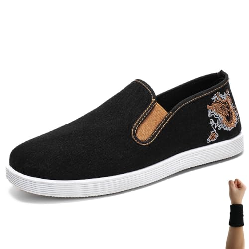 Dee Plus Kung Fu Schuhe, Tai Chi Bestickte Schuhe Kampfsportschuhe Damen Herren Tai Chi Slippers, Chinesische Traditionelle Peking-Stil, Gummisohle Unisex Schwarz (Goldener Drache,39) von Dee Plus