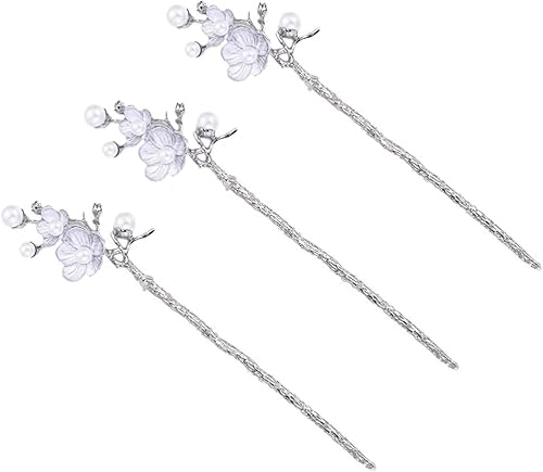 Chinesische Haarstäbchen, Haarstäbchen, 3 Stück Vintage Metall Blume Haarstab Vintage Haarstäbchen Haarnadel Chignon Pin Retro Haargabeln für Frauen Braut Haardekoration (Farbe: Weiß) von DeeboW