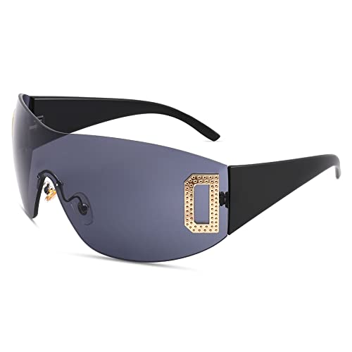 Deekynoop Randlose Y2K Sonnenbrille für Damen Herren UV400 Schutz Futuristische Sonnenbrille übergroße Rechteck Sonnenbrille (B Schwarz Rahmen/Grau Linse) von Deekynoop