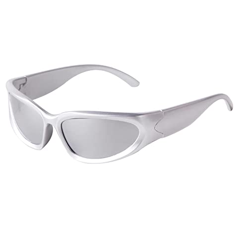 Deekynoop Silber Sonnenbrille für Herren Oval Fashion Sonnenbrille UV400 Schutz Sportbrille für Damen Futuristische Sonnenbrille (Silber Rahmen/Silber Linse) von Deekynoop