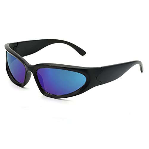 Deekynoop Sonnenbrille für Herren Oval Fashion Sonnenbrille UV400 Schutz Sportbrille für Damen Futuristische Sonnenbrille (Schwarz Rahmen/Blau Linse) von Deekynoop