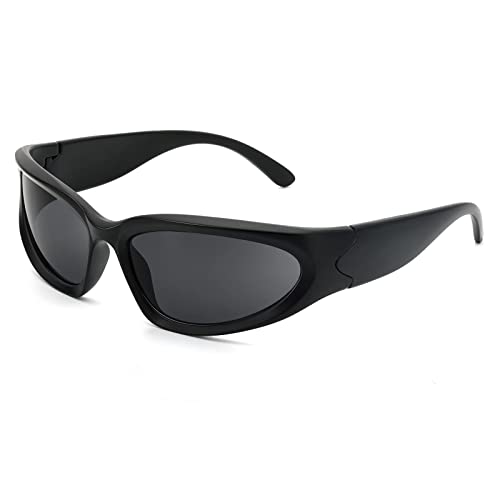 Deekynoop Sonnenbrille für Herren Oval Fashion Sonnenbrille UV400 Schutz Sportbrille für Damen Futuristische Sonnenbrille (Schwarz Rahmen/Grau Linse) von Deekynoop