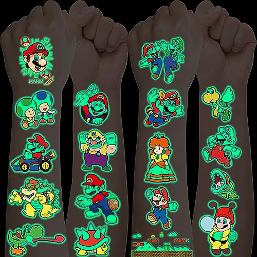 12 Blätter Super Mario Tattoo Kinder,Leuchttattoos Kinder,Wasserdichte Kindertattoos Jungen Mädchen,Hautfreundliche Kinder Tattoo Aufkleber für Kinder Mitgebsel Geburtstagsgeschenke von Deen