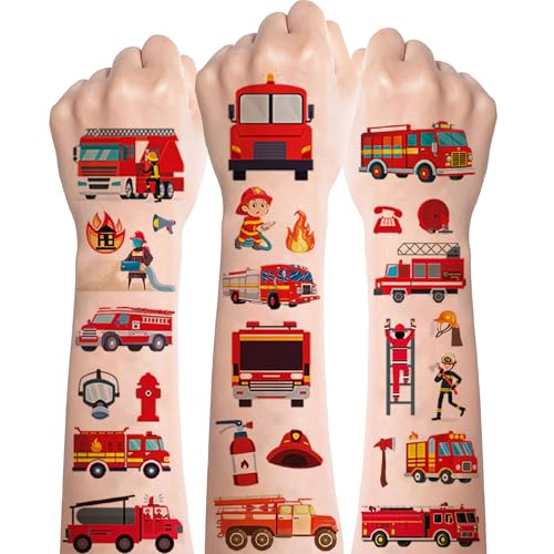 Feuerwehr Tattoo Kinder 10 Blatt,Hautfreundlich Feuerwehrauto Tattoos für Kinder,Temporäre Feuerwehr Auto Kinder Tattoos Sticker für Jungen Mädchen Feuerwehr Thema Party Favors Geburtstag Mitgebsel von Deen