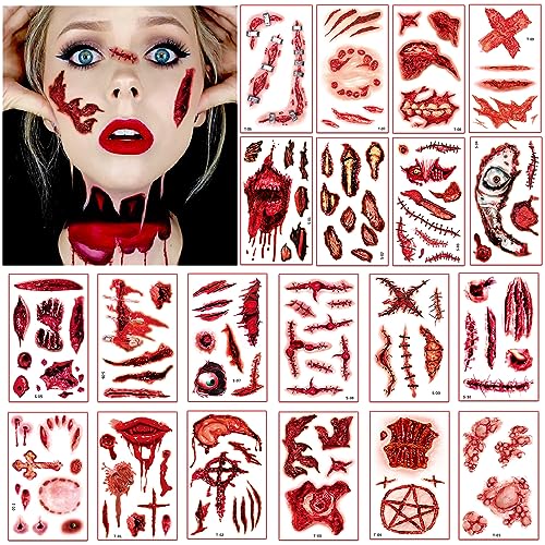 Tattoo Kinder,20 Blatt Halloween Tattoos,Halloween Zombie Scars Tattoos Aufkleber,Halloween Wunden Narben Tattoo Gesicht Sticker für Cosplay Schorf Blut Schminke Spezielle Körper Make-up Requisiten von Deen