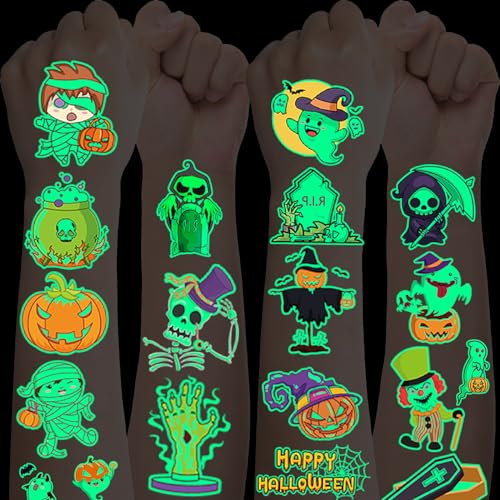 Halloween Tattoo Kinder,10 Blätt Leucht Kinder Tattoo,Halloween Kürbisse Geister Temporäre Kindertattoos Sticker für Halloween Cosplay Karneval Party Gesicht schminke Kindergeburtstag Mitgebsel von Deen