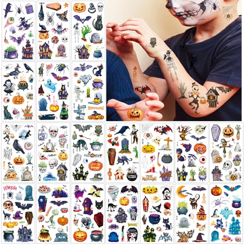 Halloween Tattoo Kinder,20 Blatt Halloween Kinder Temporäre Tattoos Aufkleber,Spinnen Fledermaus Kürbis Vampir Skelett Gesichts Kindertattoos Sticker für Halloween Cosplay Karneval Schminken Party von Deen