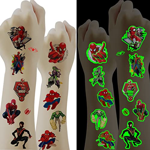 Leuchttattoos Kinder,6 Blätt Spiderman Tattoo Kinder,Hautfreundlich Kinder Temporäre Tattoos,Wasserdichte Leucht Kindertattoos Aufkleber für Kinder Mitgebsel Kindergeburtstag Geschenk von Deen