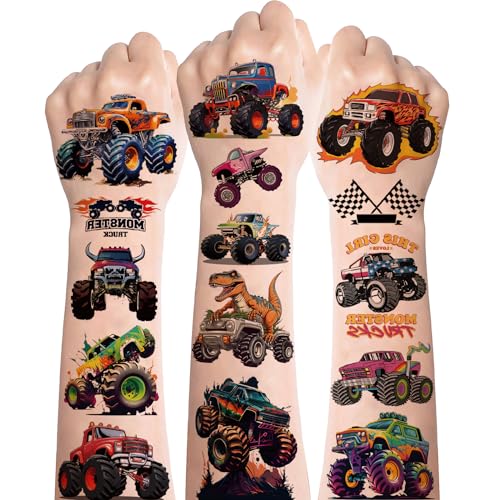 Monster Truck Tattoos 8 Blätter,Tattoos für Kinder Jungen,Hautfreundlich Truck Kinder Tattoo Aufkleber,Cool Monster Trucks Kindertattoos Sticker für Kinder Jungs Party Mitgebsel Kindergeburtstag von Deen