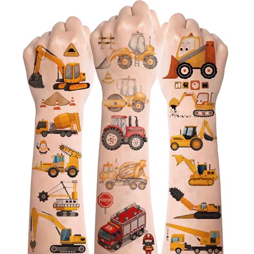 Tattoo Kinder, 8 Bögen Baufahrzeuge kindertattoos,Hautfreundlich Bagger Kinder Tattoo Jungs,Temporäre Traktor Feuerwehr Baustellen Tattoos für Kinder Auto Thema Party Kindergeburtstag Gastgeschenke von Deen