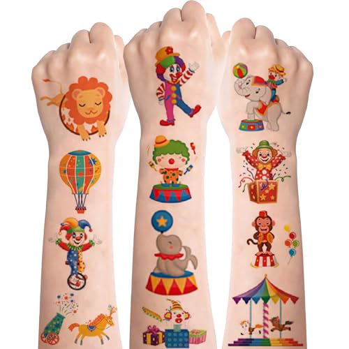 Tattoo Kinder,10 Blät Zirkus Kinder Tattoo Set,Temporäre Zirkus Tattoos für Kinder,Wasserdicht Hautfreundliche Kindertattoos Jungen Mädchen,Tattoo Aufkleber Mitgebsel Kindergeburtstag Gastgeschenke von Deen