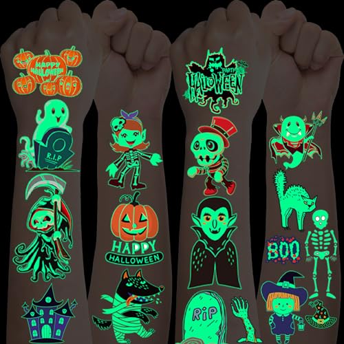 Tattoo Kinder,10 Blätt Halloween Leucht Kinder Tattoo,Kürbisse Geister Hexen Temporäre Tattoos Aufkleber,Gesichts Kindertattoos Sticker für Halloween Cosplay Karneval Party Kindergeburtstag Mitgebsel von Deen