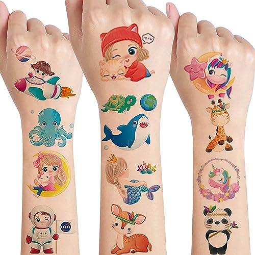 Tattoo Kinder,12 Blätter Cartoon Tattoos Temporäre Aufkleber Set Wasserdichte Einhorn Meerjungfrau Mädchen Kindertattoos Sticker für Kindergeburtstag Mitgebsel Party von Deen