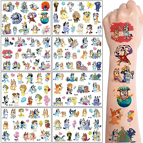 Tattoo Kinder,8 Blätter Bluey Kinder Tattoo Sticker,Hautfreundlich Hund Kinder Temporäre Tattoos,Wasserfest Kindertattoos Aufkleber für Jungen Mädchen Mitgebsel Kindergeburtstag Geschenk Party von Deen