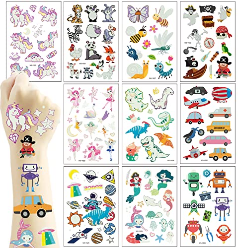 Deen Kinder Tattoo 10 Blätter Set,Leucht Gemischte Tattoo Kinder Aufkleber Kindertattoos Sticker für Jungen Mädchen Mitgebsel Kindergeburtstag Gastgeschenke Geburtstagsdeko Party Geschenke Deko von Deen