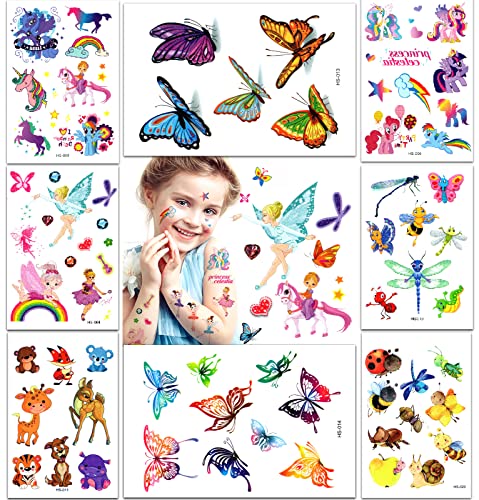 Deen Tattoo Kinder 8 Blätter,Glitzer Temporäre Tattoos Mädchen Einhorn Meerjungfrau Feen Schmetterling Kindertattoos Aufkleber für Kindergeburtstag Mitgebsel Party Spielzeug Deko Geschenke von Deen