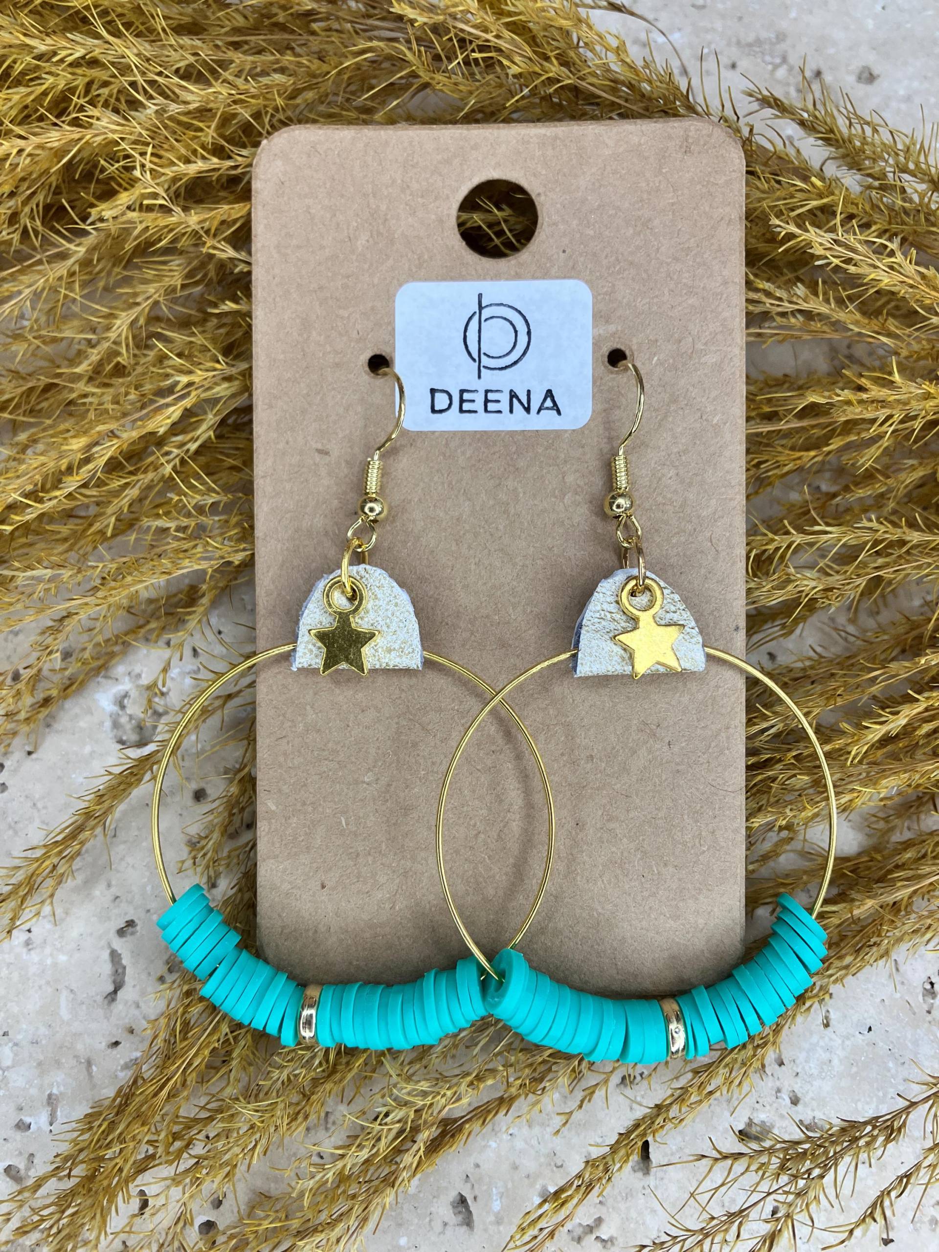 Deena - Handgemachte Ohrringe Aus Edelstahl Mit Leder Und Heishi Perlen, Türkis Weiß Gold Gesprenkelt Goldakzenten, Modern & Ausgefallen Deena - Handgemachte Ohrringe Aus Edelstahl Mit Leder Und Heishi Perlen, Türkis Weiß Gold Gesprenkelt Goldakzenten, Modern & Ausgefallen von DeenaDesignDortmund