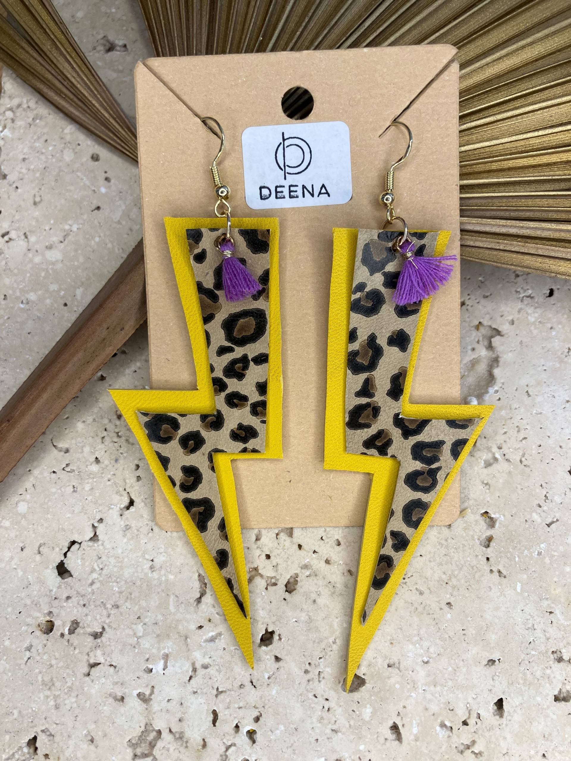 Deena - Handgemachte Ohrringe Aus Leder, Gelb Leopard Lila Mit Goldfarbenen Akzenten, Leicht & Modern Deena - Handgemachte Ohrringe Aus Leder, Gelb Leopard Lila Mit Goldfarbenen Akzenten, Leicht & Modern von DeenaDesignDortmund