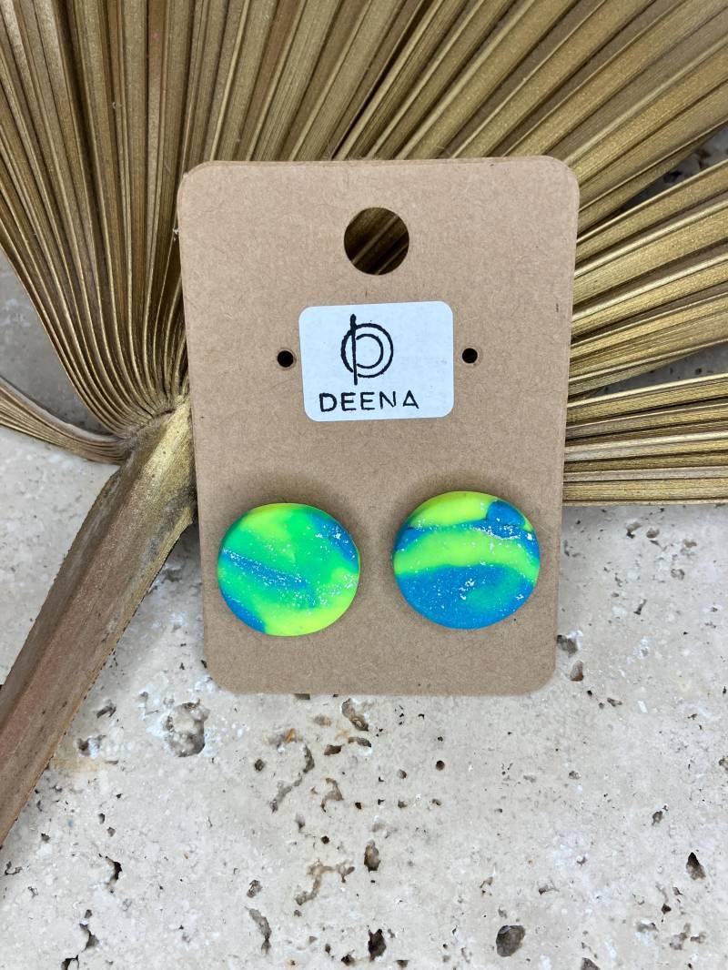 Deena - Handgemachte Ohrstecker Aus Polymer Ton, Türkis Neongelb Blattgold Silber, Feminin & Stilvoll Deena - Handgemachte Ohrstecker Aus Polymer Ton, Türkis Neongelb Blattgold Silber, Feminin & Stilvoll von DeenaDesignDortmund