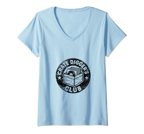 Damen Crate Digger's Club Retro-Schallplatten-Design T-Shirt mit V-Ausschnitt Damen Crate Digger's Club Retro-Schallplatten-Design T-Shirt mit V-Ausschnitt von Deep Cut Designs