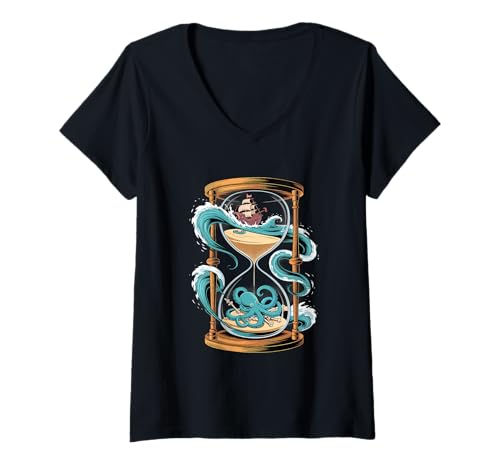 Damen Oktopus-Kraken-Pirat in einer stürmischen Sanduhr T-Shirt mit V-Ausschnitt Damen Oktopus-Kraken-Pirat in einer stürmischen Sanduhr T-Shirt mit V-Ausschnitt von Deep Sea Creature Nautical Skeleton and Tentacles