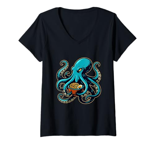 Damen Mutiger Oktopus mit Ramen-Schalenmotiv T-Shirt mit V-Ausschnitt Damen Mutiger Oktopus mit Ramen-Schalenmotiv T-Shirt mit V-Ausschnitt von Deep Sea Octopus Culinary Apparel