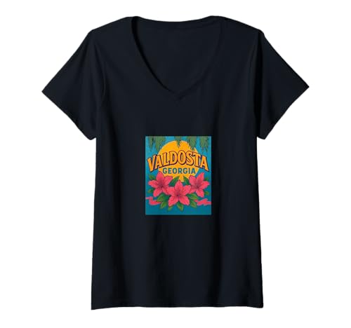 Damen Valdosta Georgia Azaleen und Pekannüsse Retro Southern Vibes T-Shirt mit V-Ausschnitt von Deep South Daydreams Art