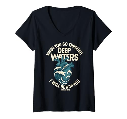 Damen Deep Waters Heart Wave Bibelvers Isaia 43:2 Christian T-Shirt mit V-Ausschnitt Damen Deep Waters Heart Wave Bibelvers Isaia 43:2 Christian T-Shirt mit V-Ausschnitt von Deep Waters Heart Wave Faith Quote