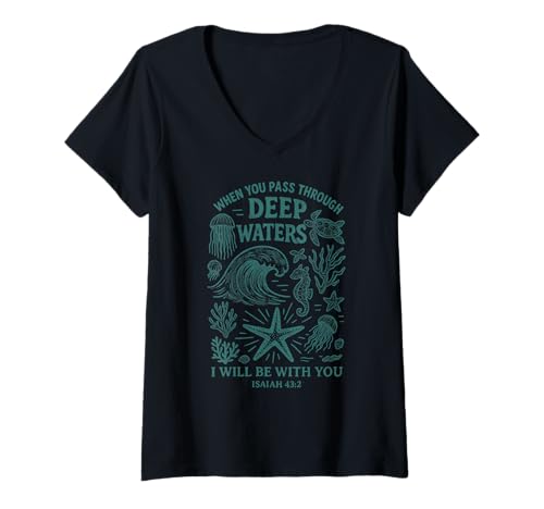 Damen When You Pass Through Deep Waters Vers Art T-Shirt mit V-Ausschnitt von Deep Waters Scripture Starfish Ocean