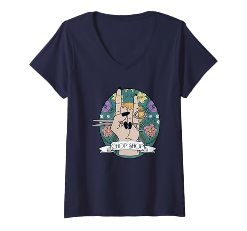 Damen Chop Shop Hairstylist Rock Scissors Design T-Shirt mit V-Ausschnitt Damen Chop Shop Hairstylist Rock Scissors Design T-Shirt mit V-Ausschnitt von Deep Wurzelbekleidung