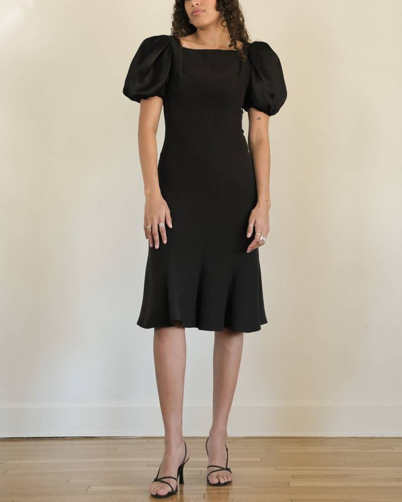 80Er 90Er Vintage Adelle Simpson Seide Partykleid - Schwarz Organza Puffärmel Ballonärmel Eckiger Ausschnitt Cocktailkleid | Small von DeepEndVintage