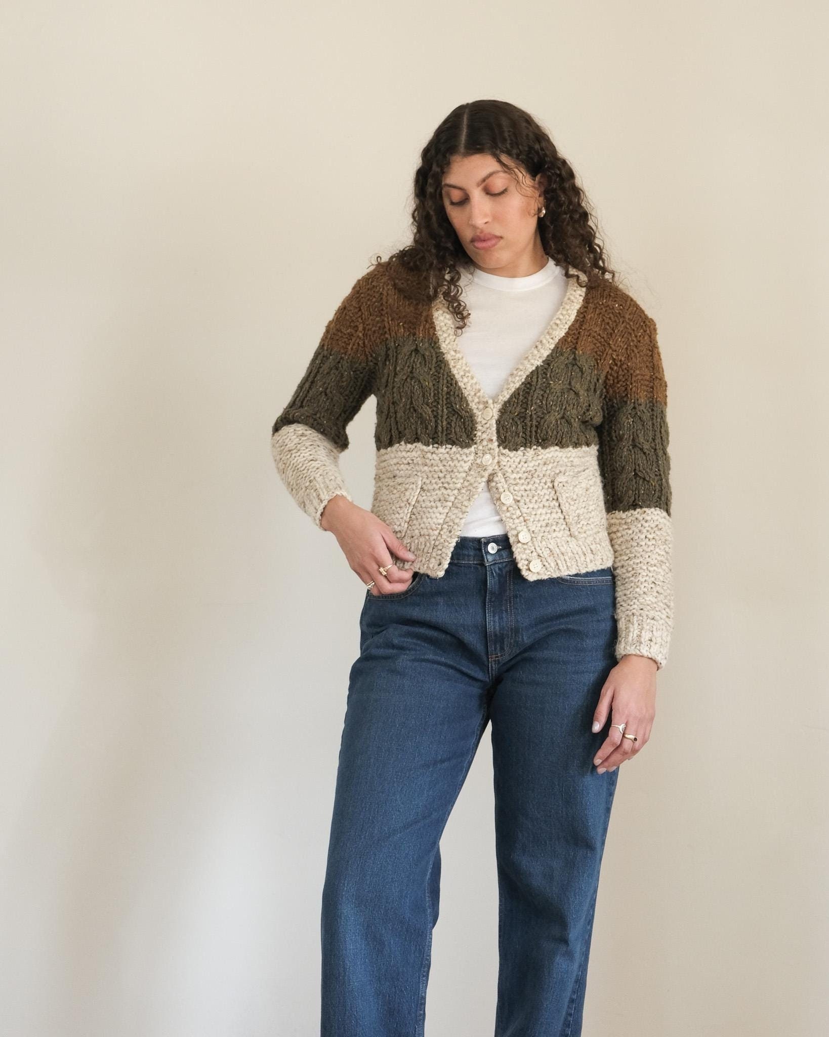 Liz Klaidose Strickjacke - 80Er 90Er Vintage Erdton Colorblock Grobstrick Wollpullover | M von DeepEndVintage