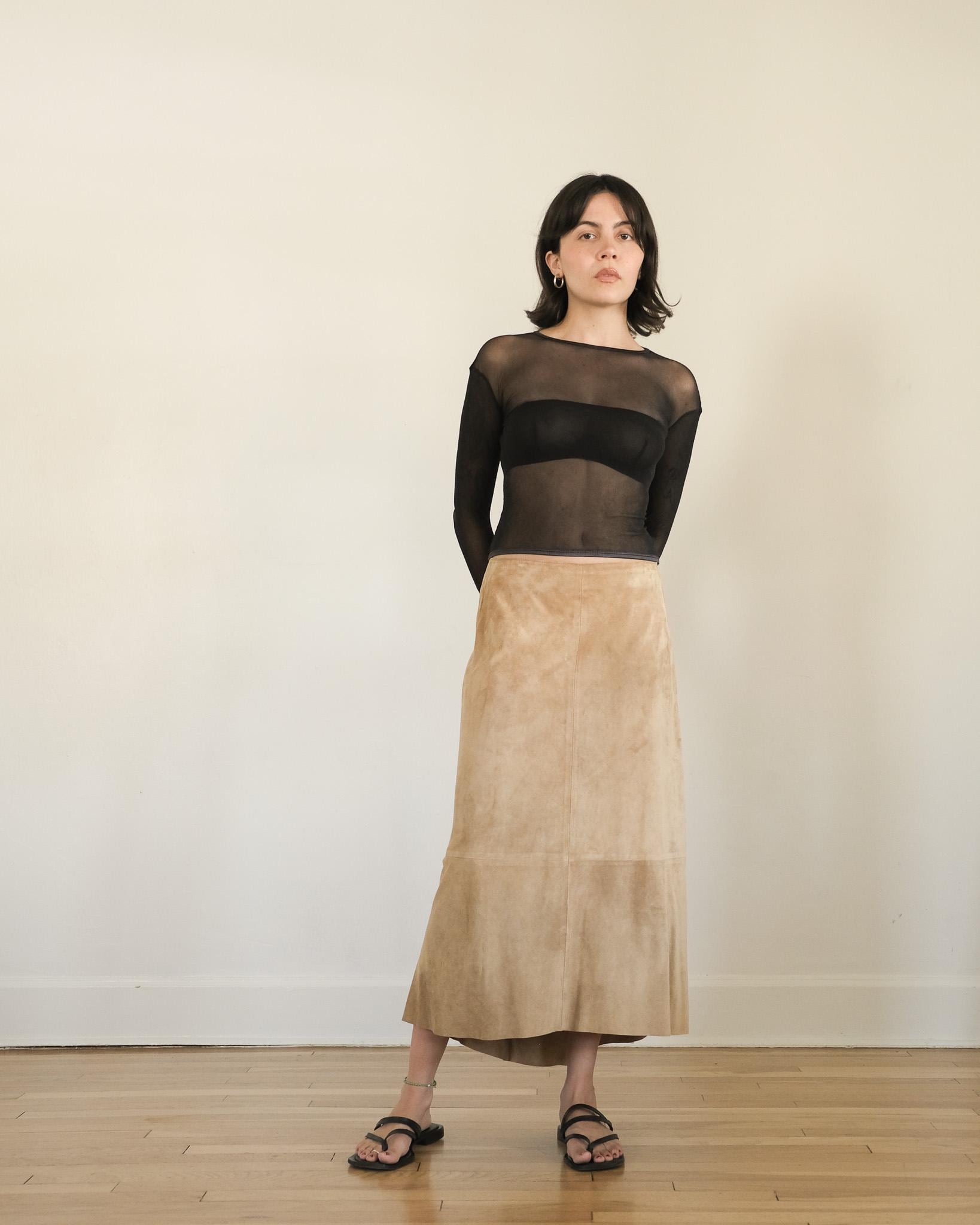 Dkny Wildleder Midi Rock - 90Er 00S Y2K Vintage Minimalist Hellbraun Leder Low-Rise A-Linie | M von DeepEndVintage