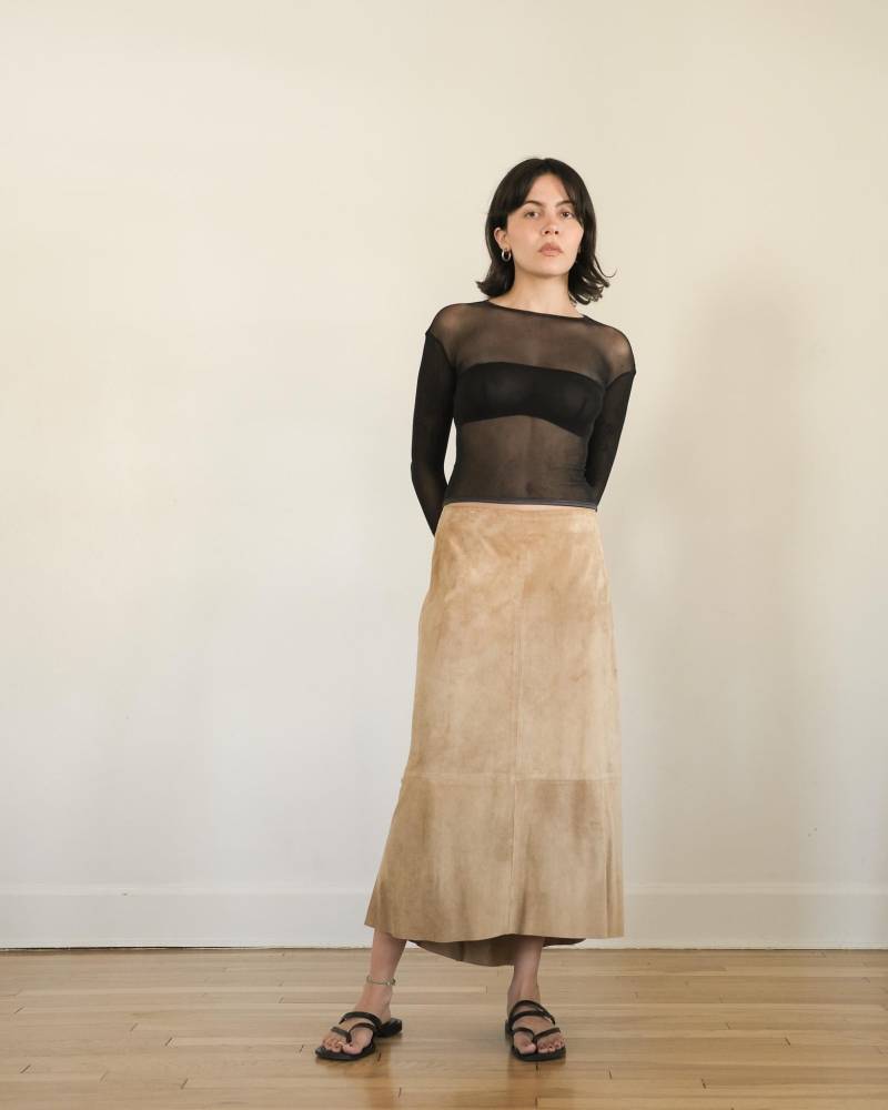 Dkny Wildleder Midi Rock - 90Er 00S Y2K Vintage Minimalist Hellbraun Leder Low-Rise A-Linie | M von DeepEndVintage