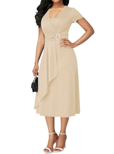 Chiffon-Kleid für Damen, einfarbig, kurze Ärmel, V-Ausschnitt, asymmetrischer Saum, Midi-Partykleider, aprikose, XXX-Large von Deepsko