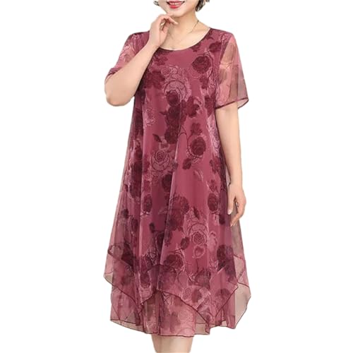 Damen Blumendruck Tüll Kleid Rundhals Kurzarm Retro Unregelmäßige Lose Midi Kleider, fuchsia, L von Deepsko